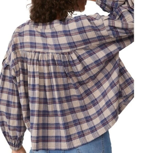 Free People We The Free Jessi Plaid Pleated Trapeze Top Balloon Sleeves Large - Picture 2 of 16